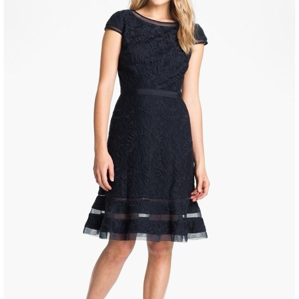 Adrianna Papell Navy Lace Dress Fit & Flare Cocktail Party Mini Dress Sz 6 Blue
